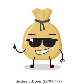 cute cool expression of money bag cartoon character wear sunglasses 
