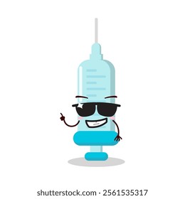 cute cool expression of syringe cartoon character wear sunglasses 
