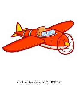 Cute and cool funny red vintage plane flying - vector.