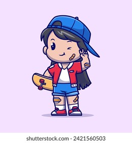 Cute Cool Girl Holding Skateboard Cartoon Vector Icon Illustration. People Sport Icon Concept Isolated Premium Vector. Flat Cartoon Style