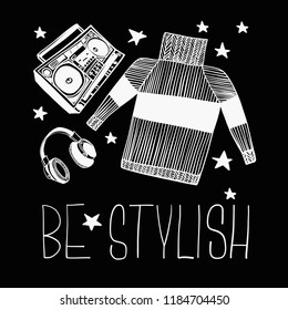 Cute, cool, graphic and simple hand drawing sketch of sweater, record player and headphones. Doodle style icons for teenagers, perfect for cards and invitations, textile, wallpapers, backgrounds