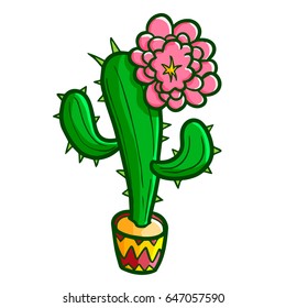 Cute and cool green cactus with flower in a pot - vector.