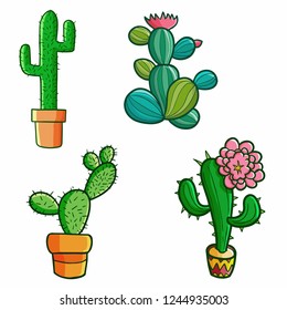 Cute and cool green cactus set with flower - vector.