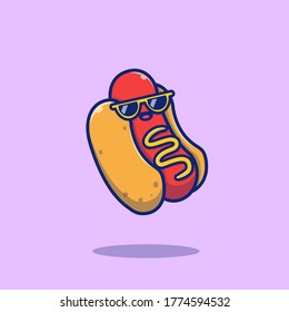 Cute Cool Hotdog Cartoon Vector Icon Illustration. Food Icon Concept Isolated Premium Vector. Flat Cartoon Style