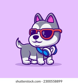 Cute Cool Husky Dog with Glasses and Headphone Cartoon Vector Icon Illustration. Animal Holiday Icon Concept Isolated Premium Vector. Flat Cartoon Style