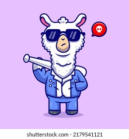 Cute Cool Llama Alpaca Wearing Jacket And Holding Stick Baseball Player Cartoon Vector Icon Illustration. Animal Nature Icon Concept Isolated Premium Vector. Flat Cartoon Style