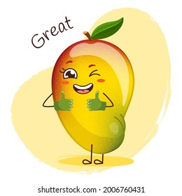 Cute cool mango character winks with thumbs up. Emoji stickers with mango.