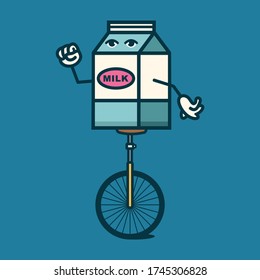 Cute and cool milk box riding bicycle character. Vector illustration