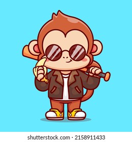 Cute Cool Monkey With Baseball Bat With Jacket And Banana Cartoon Vector Icon Illustration. Animal Fashion Icon Concept Isolated Premium Vector. Flat Cartoon Style