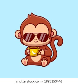 Cute Cool Monkey Drink Coffee Cartoon Vector Icon Illustration. Animal Drink Icon Concept Isolated Premium Vector. Flat Cartoon Style