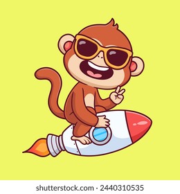 Cute Cool Monkey Riding Rocket With Peace Hand Cartoon Vector Icon Illustration. Animal Science Icon Concept Isolated Premium Vector. Flat Cartoon Style