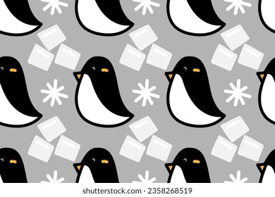 Cute, cool and nice cartoon polar penguin. Animal. Winter. Snow. Cartoon ice cubes. Frozen, cool and cold. Trendy, stylish, fashionable, seamless vector pattern for design and decoration.