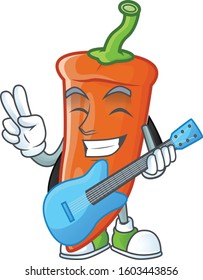 Cute and cool orange chili cartoon character performance with guitar