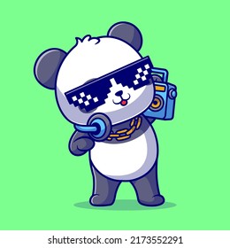 Cute Cool Panda Listening Music With Boombox And Headphone Cartoon Vector Icon Illustration. Animal Technology Icon Concept Isolated Premium Vector. Flat Cartoon Style