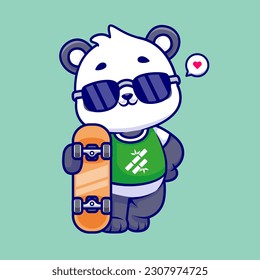 Cute Cool Panda Playing Skateboard Cartoon Vector Icon Illustration. Animal Sport Icon Concept Isolated Premium Vector. Flat Cartoon Style