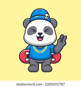 Cute Cool Panda Playing Skateboard Cartoon Vector Icon Illustration. Animal Sport Icon Concept Isolated Premium Vector. Flat Cartoon Style