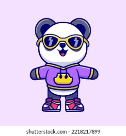 Cute Cool Panda Wearing Hoodie Jacket Cartoon Vector Icon Illustration. Animal Nature Icon Concept Isolated Premium Vector. Flat Cartoon Style