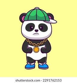 Cute Cool Panda Wearing Necklace And Hat Cartoon Vector Icons Illustration. Flat Cartoon Concept. Suitable for any creative project.