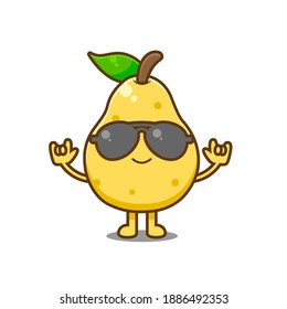 Cute cool pear fruit. Vector illustration of chibi character isolated on white background.
