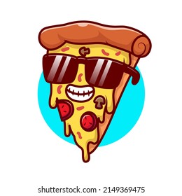 Cute Cool Pizza Slice Wearing Glasses Cartoon Vector Icon Illustration. Food Holiday Icon Concept Isolated Premium Vector. Flat Cartoon Style
