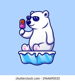 Cute Cool Polar Bear Eating Ice Cream Popsicle On Ice Cartoon Vector Icon Illustration. Animal Food Icon Concept Isolated Premium Vector. Flat Cartoon Style