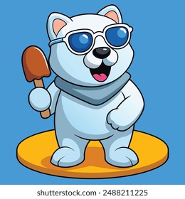 Cute Cool Polar Bear Eating Ice Cream Popsicle On Ice Cartoon Vector Kawaii Icon. Animal Food Illustration