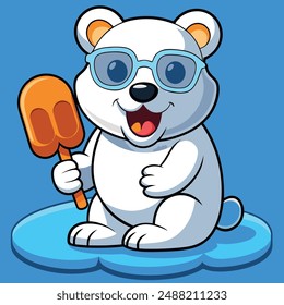 Lindo Oso Polar Fresco Comiendo Helado Polla En Hielo Dibujos Animados Vector Kawaii Icono. Ilustración de Alimentos Animales