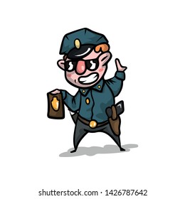 Cute cool policeman in uniform and cap show his police badge