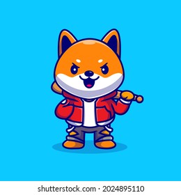 Cute Cool Shiba Inu Dog Holding Baseball Bat Cartoon Vector Icon Illustration. Animal Sport Icon Concept Isolated Premium Vector. Flat Cartoon Style