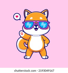 Cute Cool Shiba Inu Dog Wearing Glasses Cartoon Vector Icon Illustration. Animal Fashion Icon Concept Isolated Premium Vector. Flat Cartoon Style