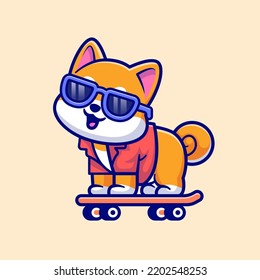 Ilustración del icono del vector de dibujos animados de skateboard lindo Cool Shiba Inu Dog. Vector Premium Aislado De Icono De Deportes Animales. Estilo de dibujo plano