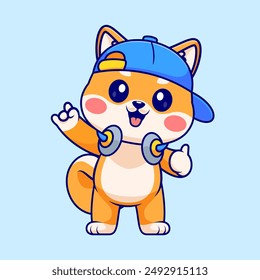 Perro lindo fresco de Shiba Inu con la ilustración del icono del Vector de dibujos animados del auricular. Icono de Tecnología animal concepto de Vector Premium aislado. Estilo plano de dibujos animados