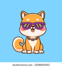 Nette coole Shiba Inu Hund tragen Brille und Halskette Cartoon Vektor Symbol Illustration. Animal Holiday Icon Concept Isolated Premium Vector. Flacher Cartoon-Stil