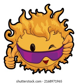 Cute and cool sun, winking and saluting you with a thumb up gesture during summertime. Design in cartoon style over white background.