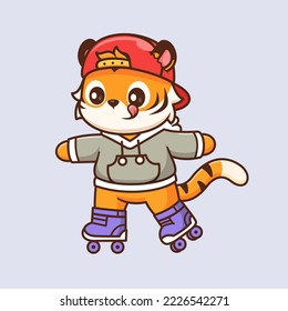 Cute Cool Tiger Playing Roller Skate Cartoon Vector Icon Illustration. Animal Sport Icon Concept Isolated Premium Vector. Flat Cartoon Style