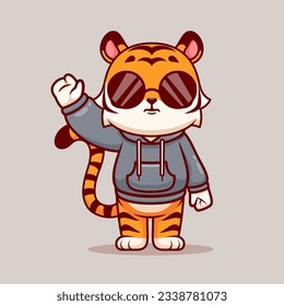 Cute Cool Tiger Wearing Hoodie Jacket Cartoon Vector Icon Illustration. Animal Fashion Icon Concept Isolated Premium Vector. Flat Cartoon Style