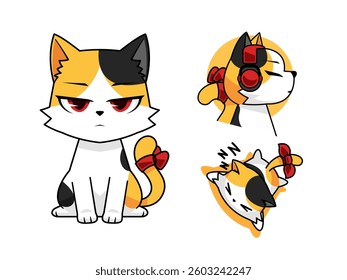cute cool tricolor cat mascot character design