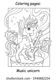 Cute and cool unicorn with guitar. Coloring book page for children. Vector cartoon illustration isolated on white background. For coloring book, education, print, game, decor, puzzle, design