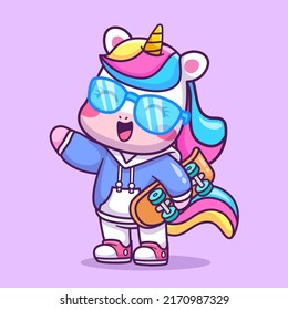 Ilustración del icono del vector de dibujos animados de la placa de patinaje Cute Cool Unicorn Holding. Vector Premium Aislado De Icono De Deportes Animales. Estilo de dibujo plano