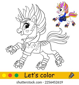 Cute cool unicorn on a roller skates. Kids coloring book page with color template. Vector cartoon illustration. Educational page. For kids coloring, postcard, print, design, decor, tattoo, game