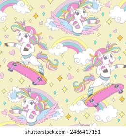 Cute and cool unicorn on a skateboard with rainbows on a yellow background. Seamless pattern. Vector Illustration. Kids fashion textile print. For design, decorations, wallpaper, card and bed linen
