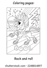 Cute cool unicorn in roller skates at the disco. Kids coloring book page. Vector cartoon illustration isolated on white background. Linear drawing. For colorings, prints, posters, stickers, puzzle