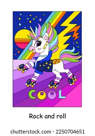 Cute cool unicorn in roller skates at the disco. Vector color cartoon illustration in children style isolated on white background. For design, prints, posters, stickers, puzzle.