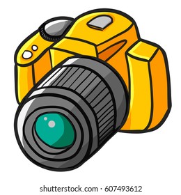 Cute and cool yellow DSLR camera ready to use - vector.