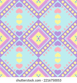 Cute and cooler full Pastel fabric patterns . mini heart,circle,flower and triangle on blue pastel background.Traditional patterns 