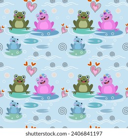 Cute cople frog with heart shape seamless pattern