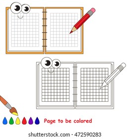 Cute copybook with pencil to be colored. Coloring book to educate kids. Learn colors. Visual educational game. Simple level. Coloring pages.