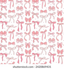 cute coquette aesthetic pattern seamless pink ribbon bow doodle outline isolated on white background	
