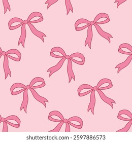 cute coquette aesthetic pattern seamless pink ribbon bow isolated on pink background. Repeating print for fabric, wrapping paper, textile, wallpaper