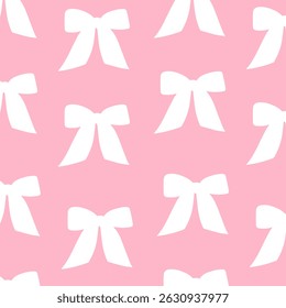 Cute coquette aesthetic pattern seamless white bow isolated on pink background.